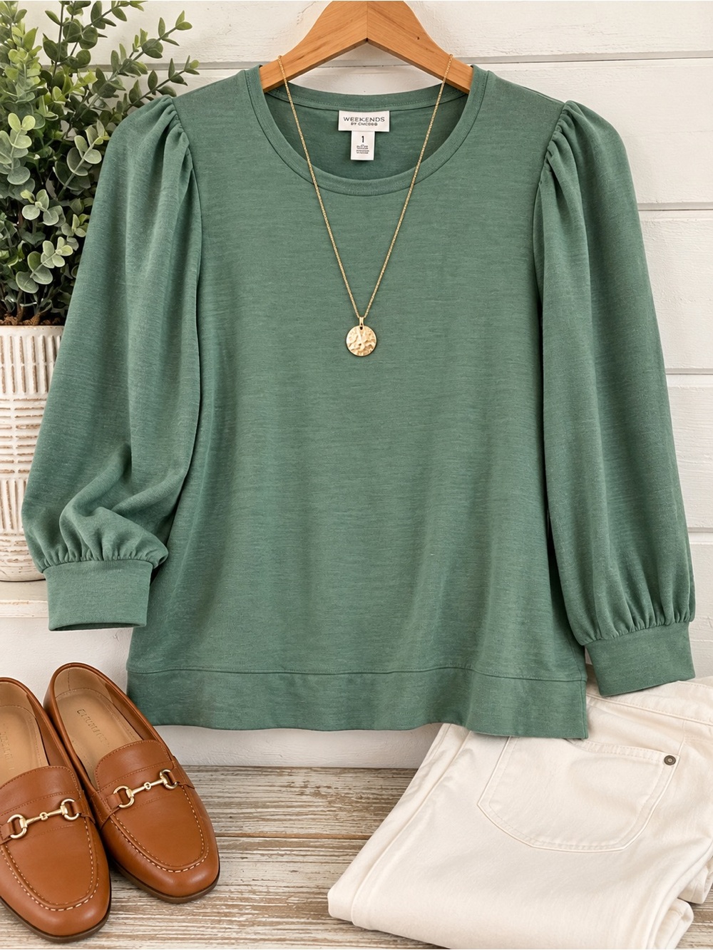 Chico's Dusty Sage Puff Sleeve Sweatshirt